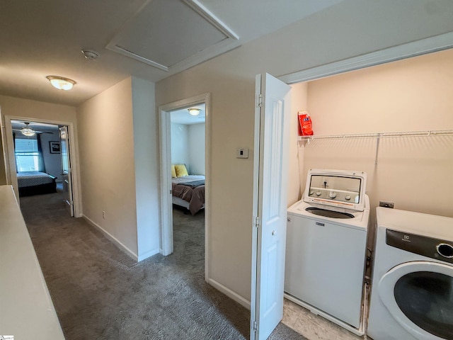 128 Adger Rd, Pendleton, SC 20670 - washroom featuring washer and dryer, light carpet, baseboards, and attic access