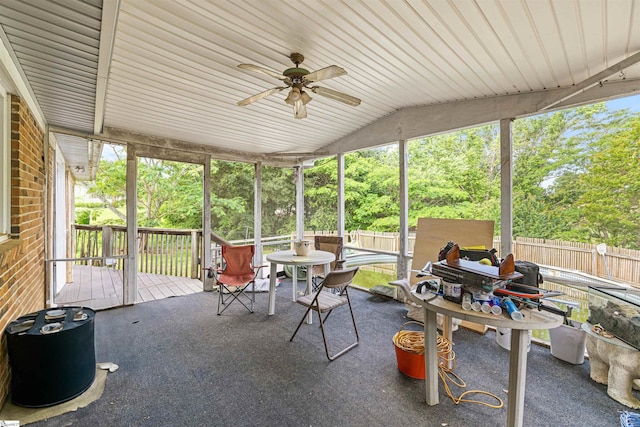 11 Crestview Ct, Piedmont, SC 29673 - sunroom featuring ceiling fan, outdoor dining area, view of wooded area, and vaulted ceiling