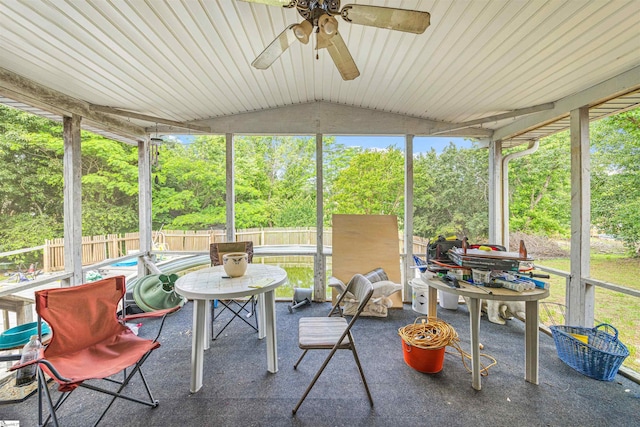 11 Crestview Ct, Piedmont, SC 29673 - sunroom featuring ceiling fan, vaulted ceiling, view of scattered trees, and healthy amount of natural light