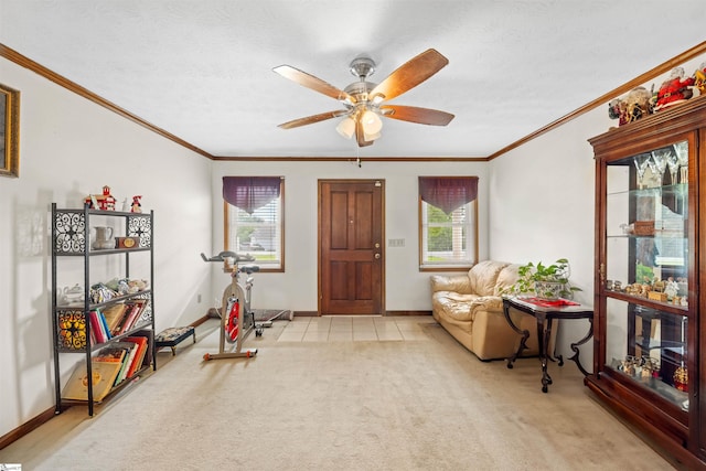 11 Crestview Ct, Piedmont, SC 29673 - living area with healthy amount of natural light, a ceiling fan, baseboards, ornamental molding, and light carpet
