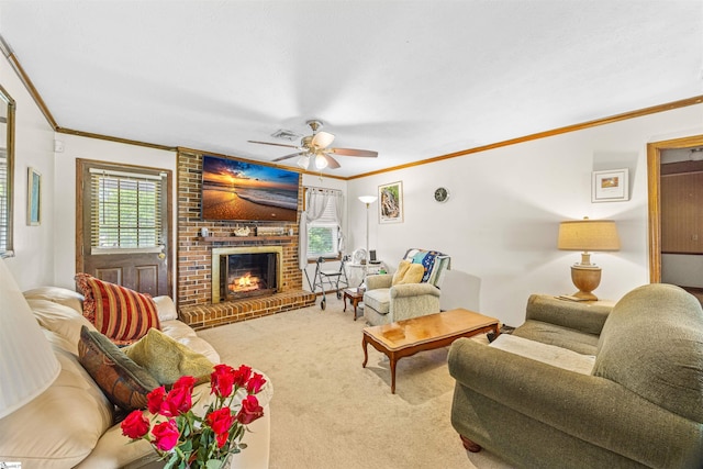 11 Crestview Ct, Piedmont, SC 29673 - carpeted living room featuring ornamental molding, plenty of natural light, ceiling fan, and a fireplace