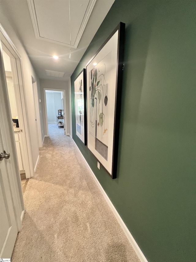 1222 Forestbrook Ln, Spartanburg, SC 29303 - hallway featuring attic access, light carpet, and baseboards