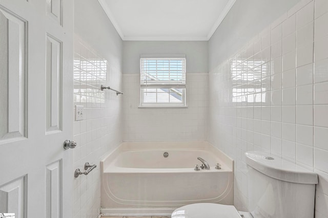 1105 Autumn Leaf Ln, Fountain Inn, SC 29644 - bathroom featuring tile walls, a garden tub, toilet, and ornamental molding
