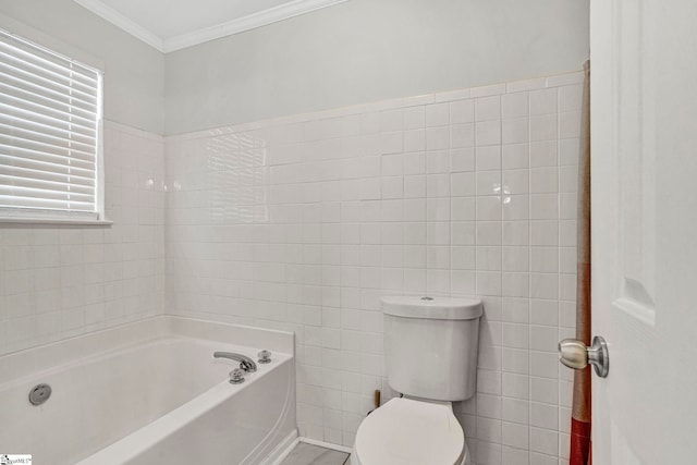 1105 Autumn Leaf Ln, Fountain Inn, SC 29644 - bathroom with a bath, crown molding, toilet, and tile walls