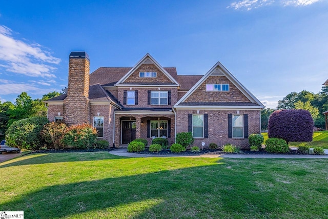 112 Murdock Ln, Greer, SC 29651 - view of front of house featuring a front lawn, a chimney, and brick siding