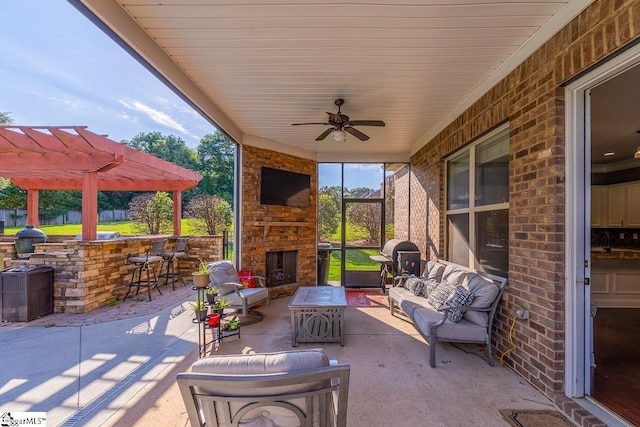 112 Murdock Ln, Greer, SC 29651 - view of patio / terrace featuring an outdoor living space with a fireplace, a pergola, ceiling fan, and grilling area