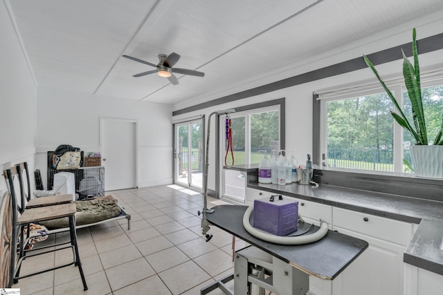 317 Hunter Rd, Fountain Inn, SC 29644 - kitchen featuring dark countertops, white cabinetry, a ceiling fan, a wainscoted wall, and light tile patterned flooring