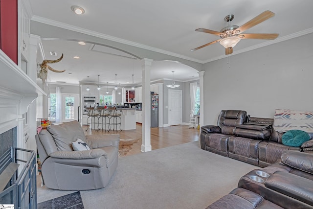 317 Hunter Rd, Fountain Inn, SC 29644 - living room featuring ornate columns, arched walkways, a ceiling fan, healthy amount of natural light, and ornamental molding