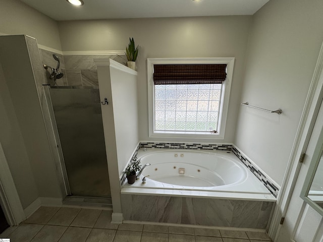 full bath with a shower stall, tile patterned floors, a tub with jets, and recessed lighting