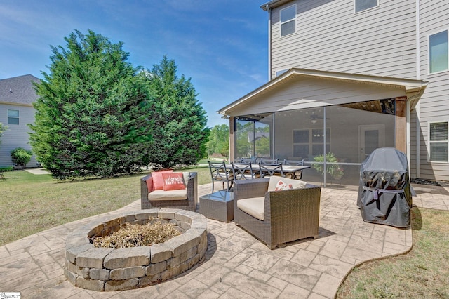 9 Bellagio Way, Greer, SC 29650 - view of patio featuring a fire pit, a sunroom, and a grill