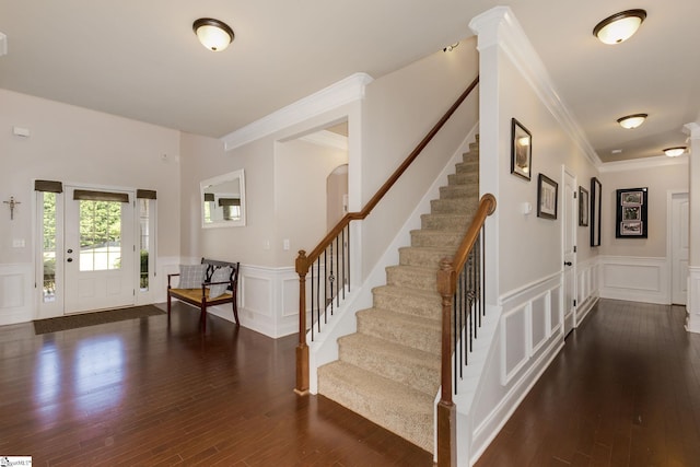 9 Bellagio Way, Greer, SC 29650 - entrance foyer featuring a decorative wall, wainscoting, crown molding, wood-type flooring, and stairs
