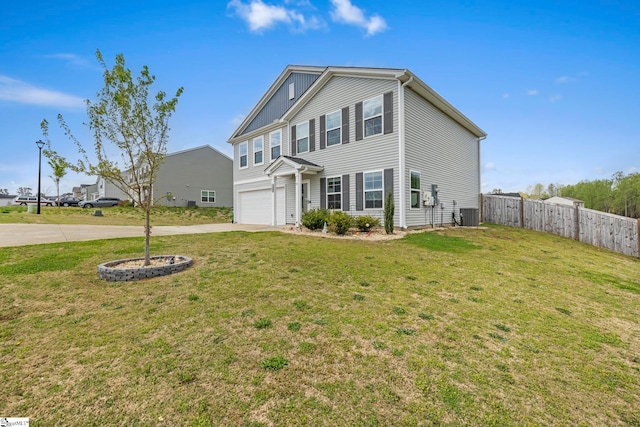 view of front of property featuring concrete driveway, a garage, and cooling unit