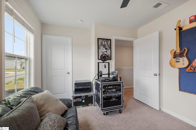 carpeted bedroom with baseboards, a ceiling fan, and access to outside