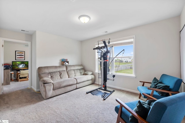 living area featuring carpet floors and baseboards