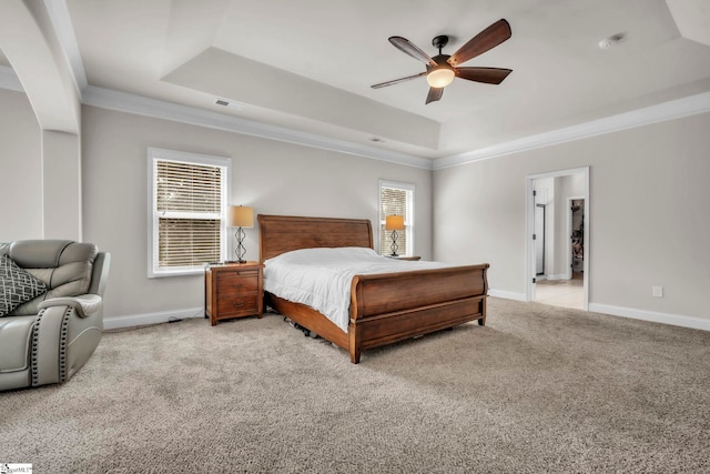 549 Allenton Way, Greer, SC 29651 - carpeted bedroom with a tray ceiling, crown molding, baseboards, and a ceiling fan