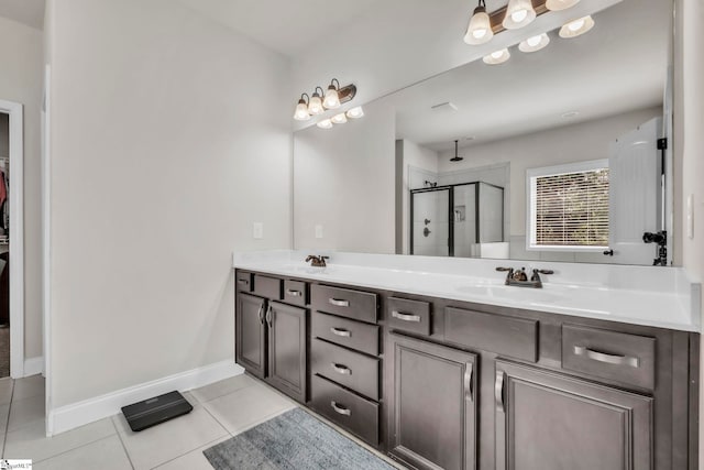 549 Allenton Way, Greer, SC 29651 - bathroom with tile patterned floors, a stall shower, double vanity, and a walk in closet