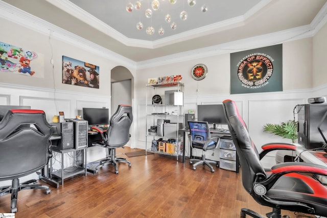 549 Allenton Way, Greer, SC 29651 - home office with a decorative wall, crown molding, a wainscoted wall, wood finished floors, and arched walkways