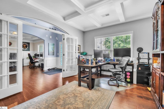 549 Allenton Way, Greer, SC 29651 - office with french doors, coffered ceiling, beamed ceiling, wood finished floors, and a wainscoted wall