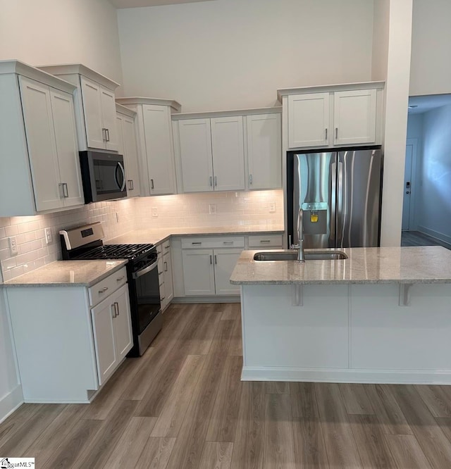 234 Woodhouse Way # 1, Greenville, SC 29605 - kitchen with stainless steel appliances, a sink, a high ceiling, light wood finished floors, and light stone counters