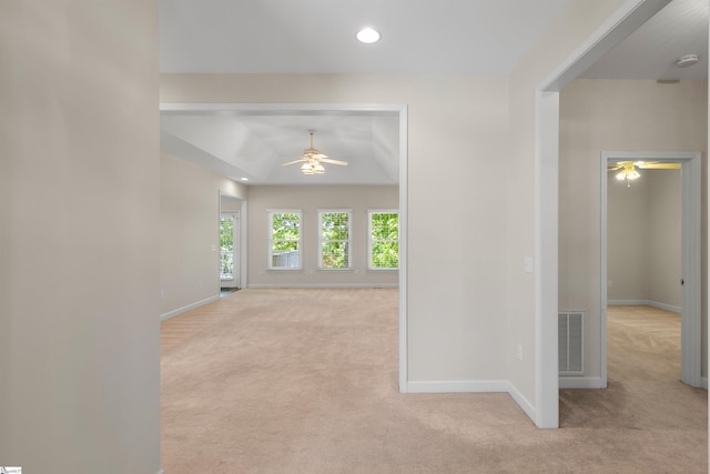 hall featuring carpet flooring, baseboards, and recessed lighting