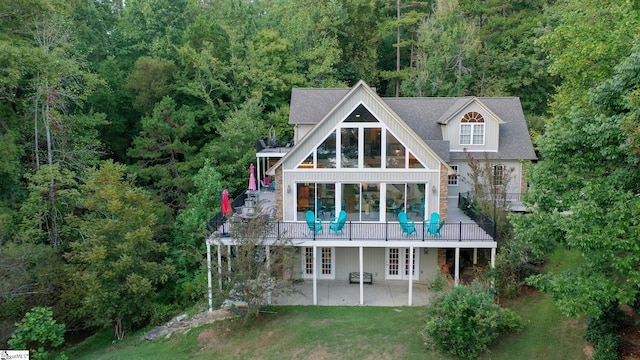 122 Fair Heaven Ct, Seneca, SC 29672 - rear view of house featuring french doors, a patio area, a view of trees, a wooden deck, and a yard