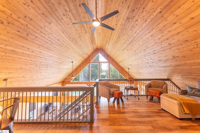 122 Fair Heaven Ct, Seneca, SC 29672 - sitting room with a ceiling fan, vaulted ceiling, wood ceiling, and hardwood / wood-style floors