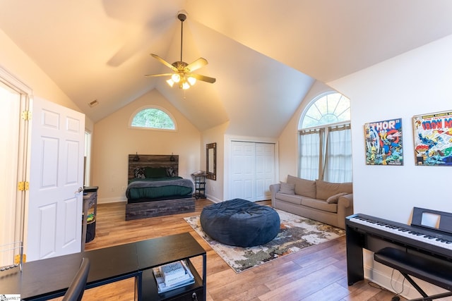 122 Fair Heaven Ct, Seneca, SC 29672 - bedroom featuring vaulted ceiling, wood finished floors, a closet, and a ceiling fan