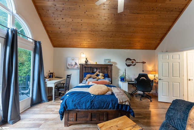 122 Fair Heaven Ct, Seneca, SC 29672 - bedroom featuring wood ceiling, high vaulted ceiling, an office area, light wood-type flooring, and ceiling fan