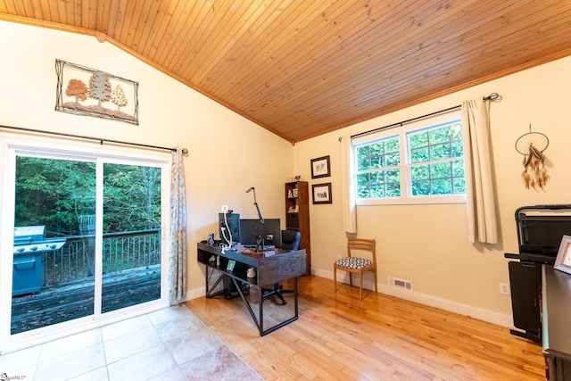 122 Fair Heaven Ct, Seneca, SC 29672 - office area with wooden ceiling, lofted ceiling, light wood-style flooring, and baseboards