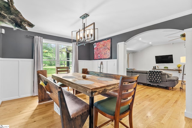 700 Old Green Pond Rd, Anderson, SC 29625 - dining space with ceiling fan, arched walkways, crown molding, light wood-style floors, and wainscoting