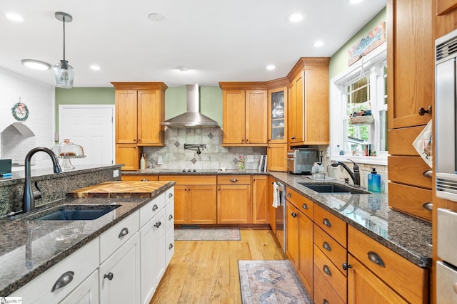 700 Old Green Pond Rd, Anderson, SC 29625 - kitchen featuring a sink, wall chimney exhaust hood, light wood-style flooring, backsplash, and recessed lighting