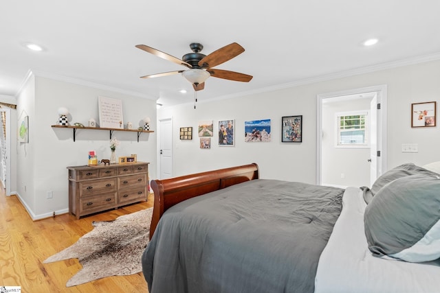 700 Old Green Pond Rd, Anderson, SC 29625 - bedroom with crown molding, light wood-style floors, recessed lighting, baseboards, and a ceiling fan