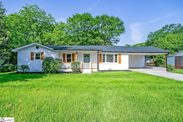 203 Homestead Dr, Taylors, SC 29687 - ranch-style house featuring a porch, driveway, a front yard, and a carport