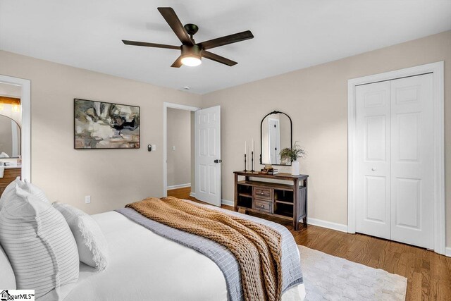 203 Homestead Dr, Taylors, SC 29687 - bedroom with wood finished floors, baseboards, ceiling fan, and a closet