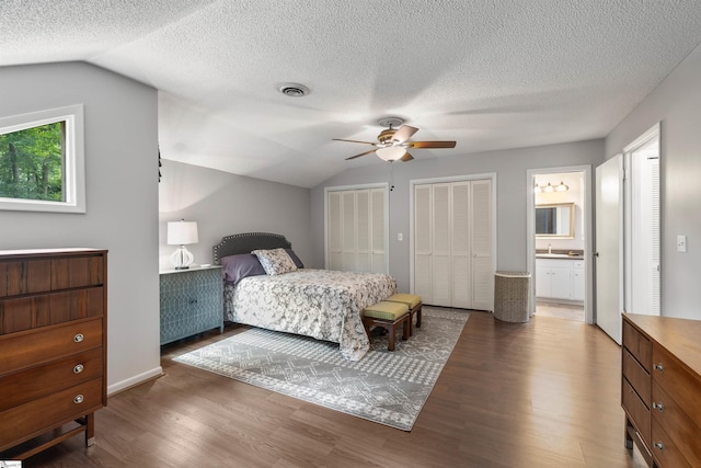 65 Westview Ave, Greenville, SC 29607 - bedroom with lofted ceiling, multiple closets, wood finished floors, a textured ceiling, and ensuite bathroom