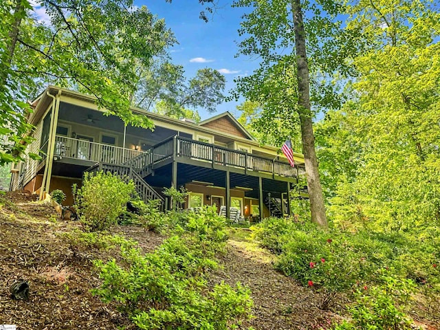 586 Silver Shoals Cir, Marietta, SC 29661 - rear view of property featuring stairway, a deck, and a ceiling fan