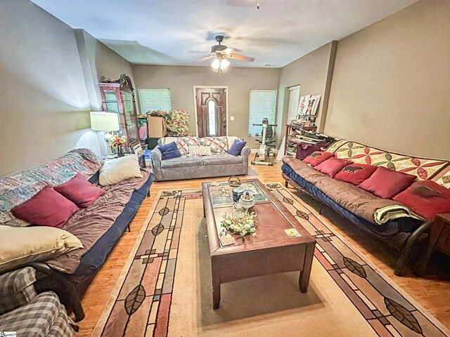 586 Silver Shoals Cir, Marietta, SC 29661 - living room with wood finished floors and ceiling fan