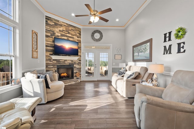 406 Jersey Queen Trl, Greer, SC 29651 - living room featuring ornamental molding, ceiling fan, wood finished floors, a stone fireplace, and recessed lighting