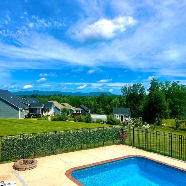 406 Jersey Queen Trl, Greer, SC 29651 - view of pool with a mountain view, a fire pit, a patio area, and a residential view