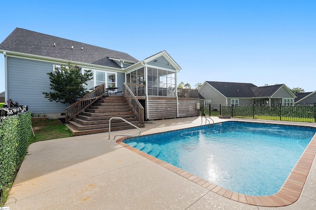 406 Jersey Queen Trl, Greer, SC 29651 - view of swimming pool featuring a sunroom, stairway, a patio area, and fence