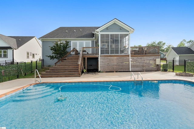 406 Jersey Queen Trl, Greer, SC 29651 - view of swimming pool featuring stairs, a sunroom, a fenced backyard, and a patio