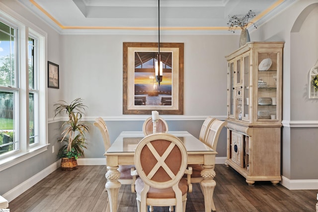 406 Jersey Queen Trl, Greer, SC 29651 - dining room featuring dark wood-style floors, a raised ceiling, baseboards, arched walkways, and ornamental molding