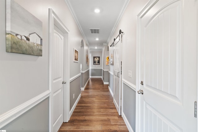 406 Jersey Queen Trl, Greer, SC 29651 - hall with crown molding, wood finished floors, recessed lighting, and a barn door