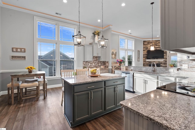 406 Jersey Queen Trl, Greer, SC 29651 - kitchen with stainless steel dishwasher, ornamental molding, decorative backsplash, a sink, and dark wood-style floors