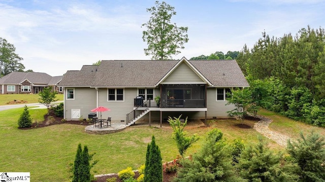5 Maxfli Ct, Greenville, SC 29690 - back of property with stairs, a yard, a deck, a patio area, and roof with shingles