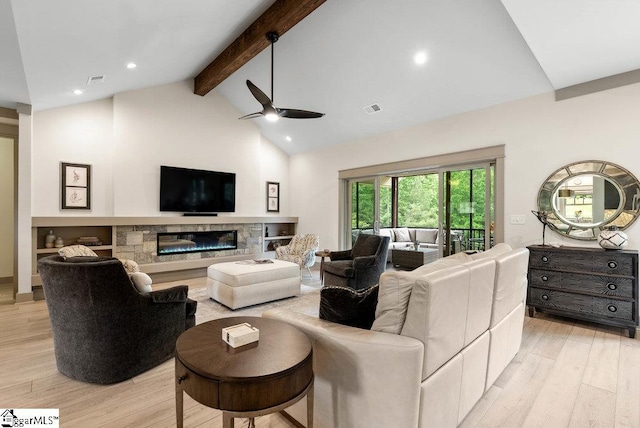 5 Maxfli Ct, Greenville, SC 29690 - living room featuring beam ceiling, light wood-style floors, a ceiling fan, a glass covered fireplace, and recessed lighting