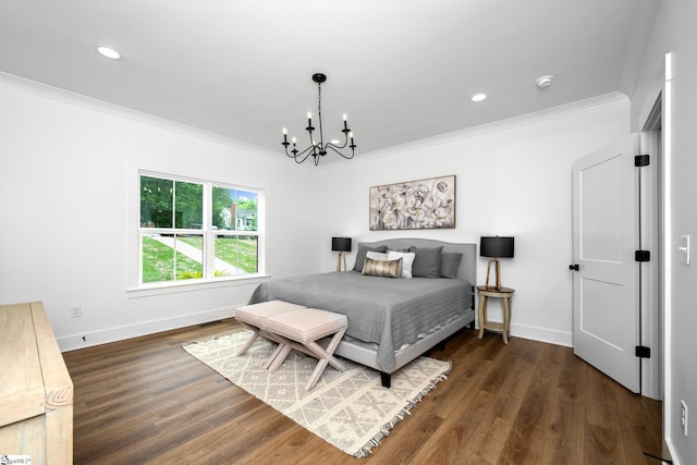 710 N Main St, Greer, SC 29651 - bedroom featuring a chandelier, baseboards, ornamental molding, wood finished floors, and recessed lighting
