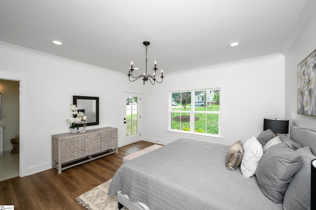 710 N Main St, Greer, SC 29651 - bedroom with a chandelier, access to exterior, dark wood-type flooring, baseboards, and recessed lighting