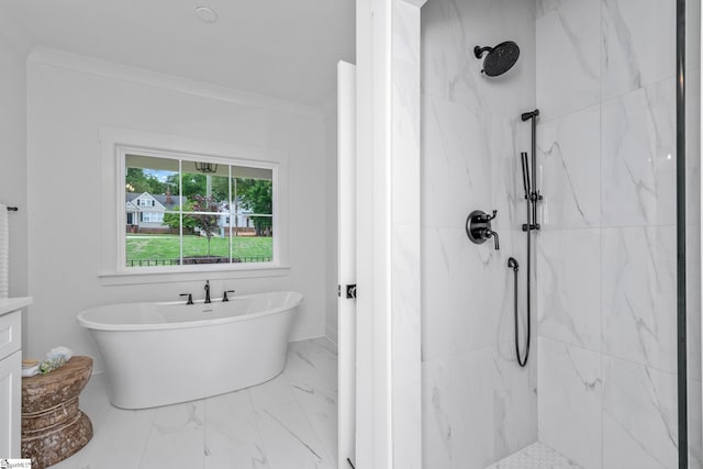 710 N Main St, Greer, SC 29651 - full bathroom with a marble finish shower, marble look tiles, and a freestanding bath