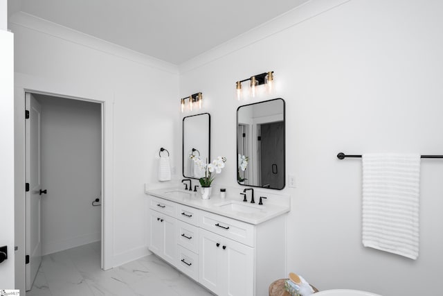 710 N Main St, Greer, SC 29651 - bathroom featuring marble finish flooring, double vanity, and baseboards